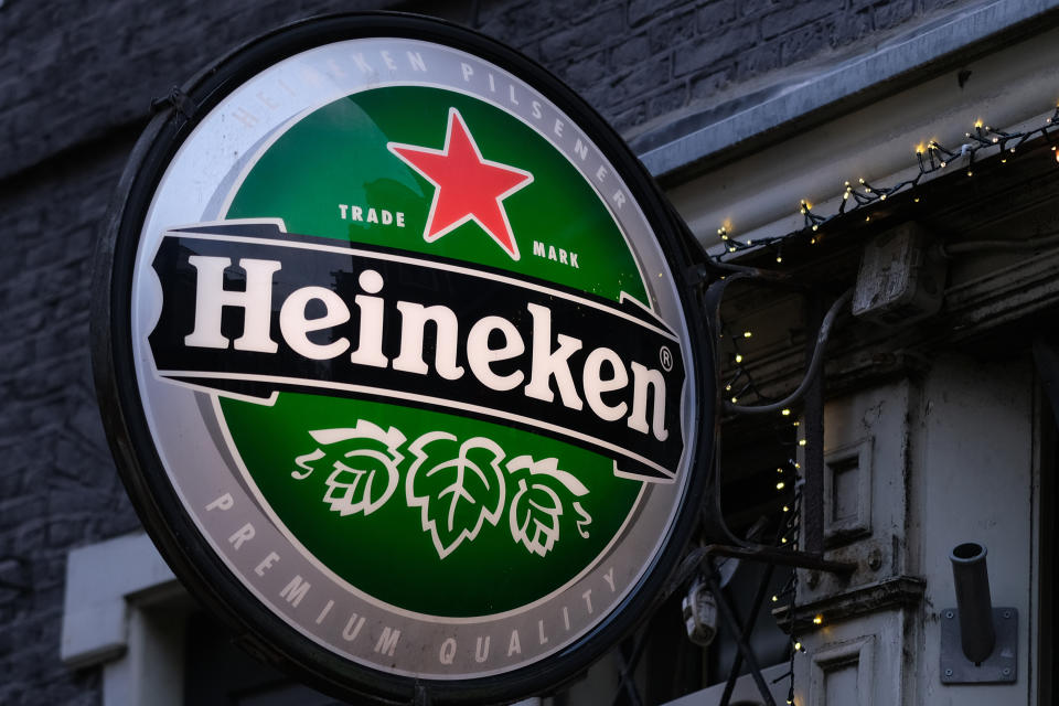 AMSTERDAM, NETHERLANDS - MARCH 14: A sign of Heineken beer is seen outside a bar on March 14, 2020 in Amsterdam, Netherlands.  (Photo by Yuriko Nakao/Getty Images)