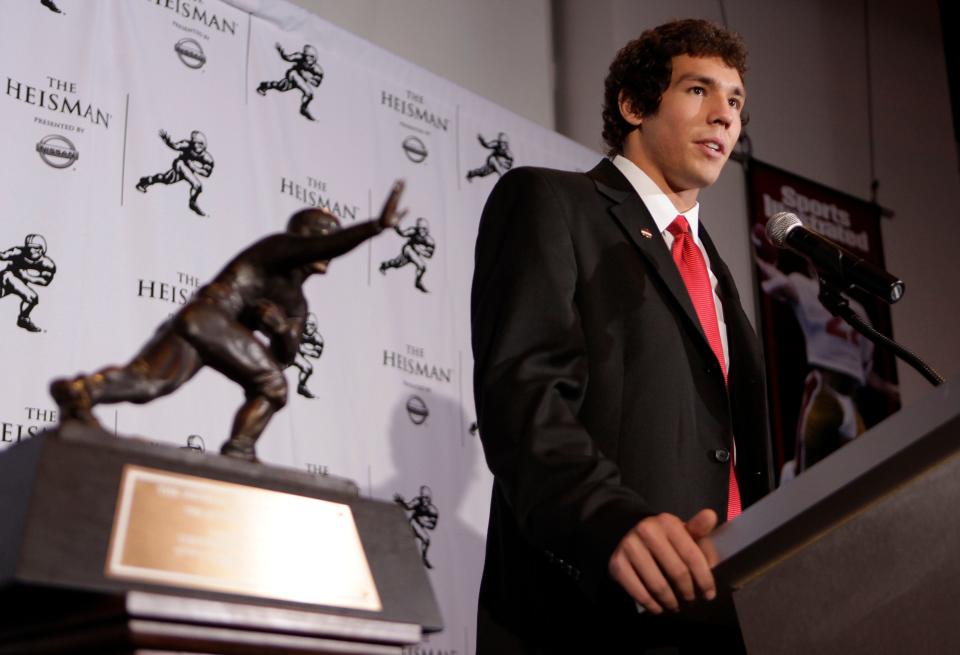 Oklahoma football player Sam Bradford answers questions for the media after being awarded the Heisman Trophy Saturday, Dec. 13, 2008 in New York.  (AP Photo/Julie Jacobson)
