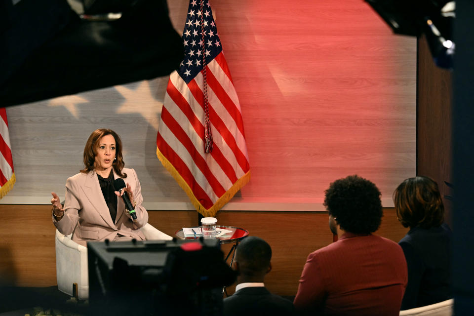 US Vice President and Democratic presidential candidate Kamala Harris holds a discussion hosted by the National Association of Black Journalists (NABJ), in Philadelphia, Pennsylvania, on September 17, 2024. (Photo by Jim WATSON / AFP) (Photo by JIM WATSON/AFP via Getty Images)