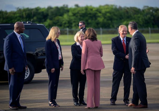 PHOTO: NASA Administrator Bill Nelson, far left, and other NASA officials welcome Vice President Kamala Harris and Second Gentleman Doug Emhoff at the Kennedy Space Center, Aug. 29, 2022, in Cape Canaveral, Fla. (Bill Ingalls/AP)