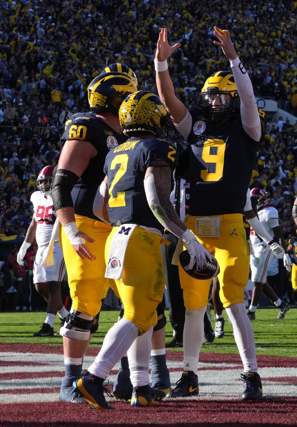 The Michigan Wolverines win the Rose Bowl on Jan. 1, 2024, and will face the Washington Huskies in Houston on Jan. 8, 2024, in the national championship game.