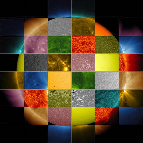 This collage of solar images from NASA's Solar Dynamics Observatory (SDO) shows how observations of the sun in different wavelengths helps highlight different aspects of the sun's surface and atmosphere. (The collage also includes images from o