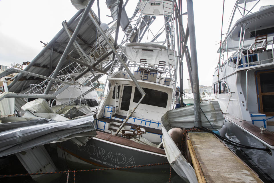 Fishing boats with severe damage at Club Nautico in the San Juan Bay.&nbsp;