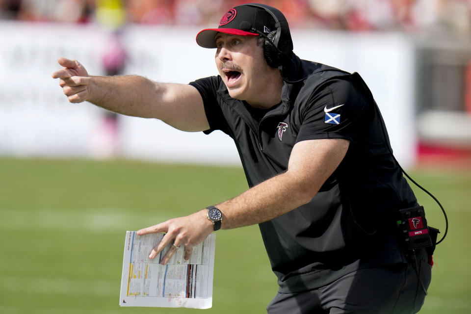 Atlanta Falcons head coach Arthur Smith reacts to play against the Tampa Bay Buccaneers during the second half of an NFL football game, Sunday, Oct. 22, 2023, in Tampa, Fla. (AP Photo/Chris O'Meara)