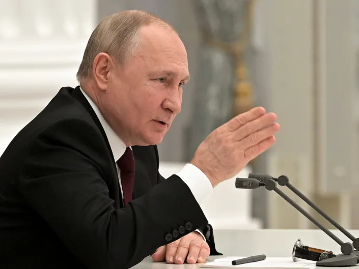 Russian President Vladimir Putin speaks during a Security Council meeting in the Kremlin in Moscow, Russia, Monday, Feb. 21, 2022.