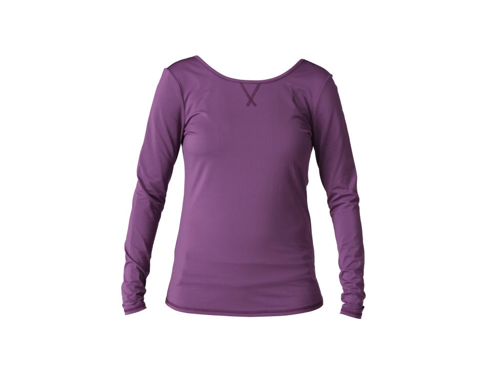 This product image released by Roxy Outdoor Fitness shows a long-sleeve women's daybreak top with a polyester/spandex brushed jersey blend and flatlock seams in egg plant. Participation in mud runs and obstacle courses, such as the Warrior Dash or Tough Mudder, is growing by leaps and bounds. The right clothes and gear could be the difference in performance and comfort. (AP Photo/Roxy Outdoor Fitness)