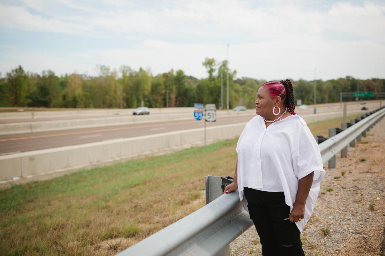 Image: Bettersten Wade near the highway road where her son, Dexter, was fatally run over by police near Jackson, Miss., in March. (Ashleigh Coleman for NBC News)