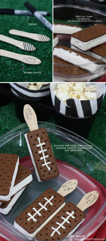 <p>The Celebration Shoppe</p><p><strong>Get the recipe: </strong><a href="http://blog.thecelebrationshoppe.com/2014/01/27/ice-cream-football-sandwiches-super-bowl-party-food/" rel="nofollow noopener" target="_blank" data-ylk="slk:Ice Cream Football Sandwiches;elm:context_link;itc:0;sec:content-canvas" class="link "><strong>Ice Cream Football Sandwiches</strong></a></p>