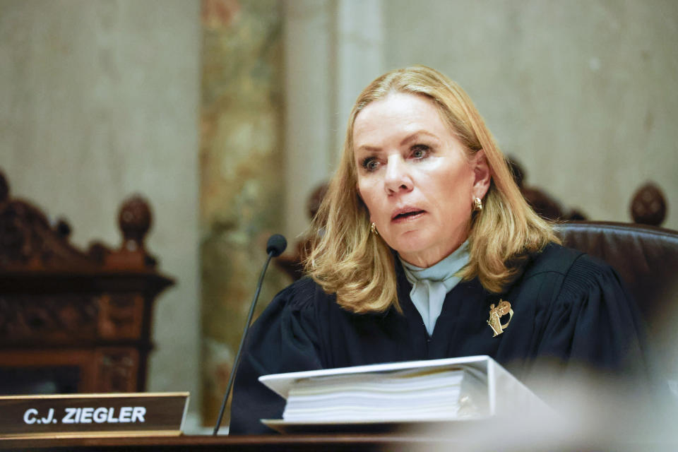 Wisconsin Supreme Court Chief Justice Annette Kingsland Ziegler asks a question during arguments in the redistricting hearing at the Wisconsin state Capitol Building in Madison, Wis., on Tuesday, Nov. 21, 2023. (Ruthie Hauge/The Capital Times via AP, Pool)