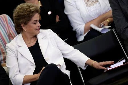 Brazil's President Dilma Rousseff reacts during a meeting with educators at the Planalto Palace in Brasilia, Brazil April 12, 2016. REUTERS/Ueslei Marcelino