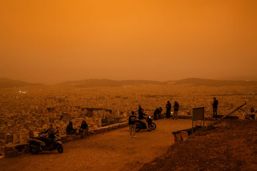 A dust cloud from the Sahara Desert in Africa covers the Acropolis on April 23, 2024 in Athens, Greece.