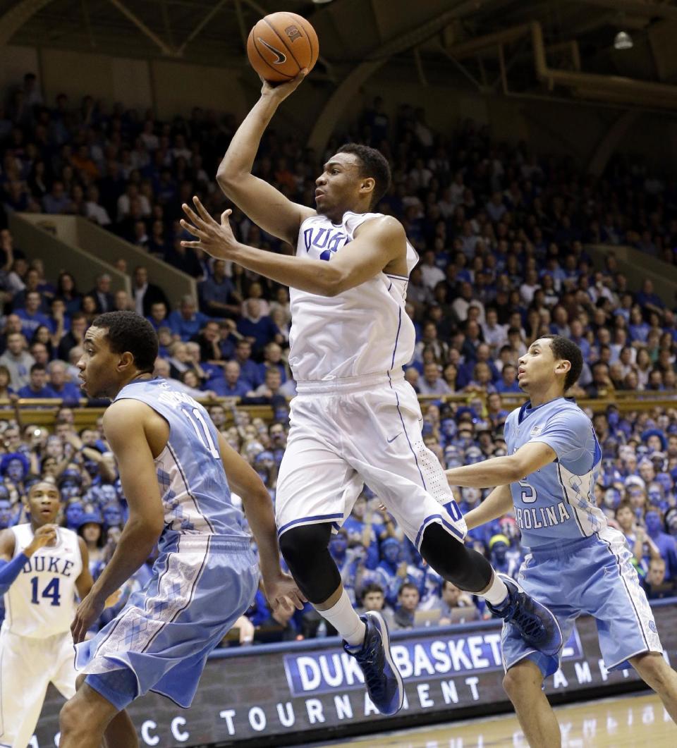 FILE - In this March 8, 2014 file photo, Duke's Jabari Parker shoots as North Carolina's Brice Johnson and Marcus Paige, right, defend during the second half of an NCAA college basketball game in Durham, N.C. Parker was selected to The Associated Press All-America team, released Monday, March 31, 2014. (AP Photo/Gerry Broome)