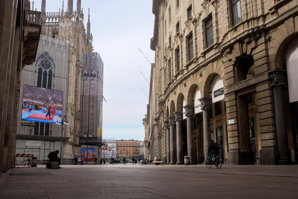 A street behind cathedral Duomo di Milano on the first day of quarantine for Milan, March 9, 2020. (Credit: Mairo Cinquetti/NurPhoto via Getty Images)