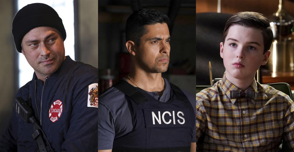This combination of photos shows Taylor Kinney as Kelly Severide in a scene from the NBC series "Chicago Fire," left, Wilmer Valderrama as Special Agent Nicholas “Nick” Torres in a scene from the CBS series "NCIS," center, and Iain Armitage as Sheldon in a scene from the CBS series "Young Sheldon." The shows are among the most-watched series on TV, but they are no-shows for the Emmy Awards that favor shiny new streaming and cable fare that doesn't always draw big audiences.(Adrian S. Burrows Sr./NBC via AP, left, Michael Yarish/CBS via AP, center, and Robert Voets/CBS via AP) )