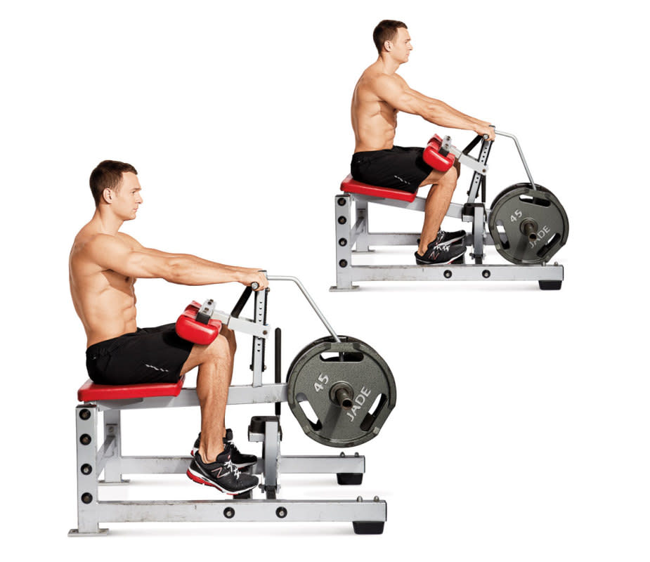 How to do it:<ol><li>Use a seated calf raise machine, or sit on a bench and rest the balls of your feet on a block or step (and hold dumbbells on your thighs for resistance).</li><li>Perform a calf raise, but with hips and knees bent 90 degrees.</li></ol>Target areas:<ul><li>calves</li><li>quads</li></ul>Pro tip:<p>Aim for three sets of 15-20 reps.</p>Variation:<p>Instead of using a calf raise machine, you can use a barbell or dumbbells across your lap.</p>