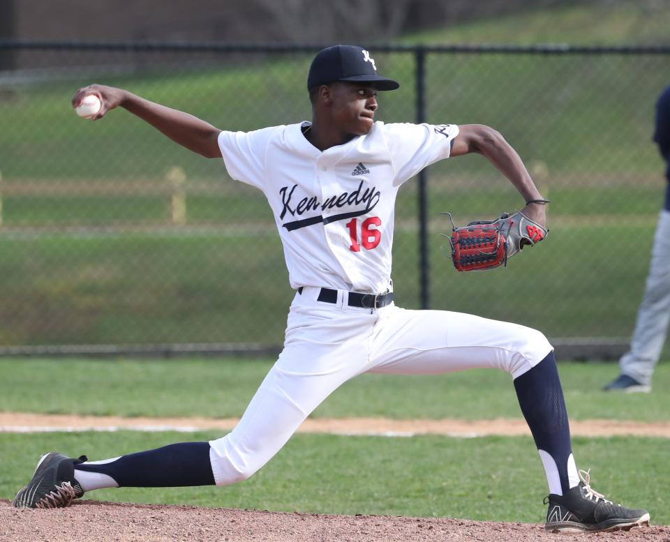 Kennedy's Gary Gill-Hill delivers a pitch during a 5-2 win over Stepinac at Kennedy Catholic April 11, 2022.