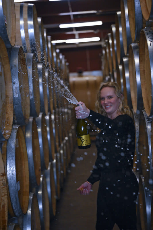 Claire Jarreau celebrating her new Head Winemaker position at Brooks Winery<p>Photo by Carolyn Wells Kramer</p>