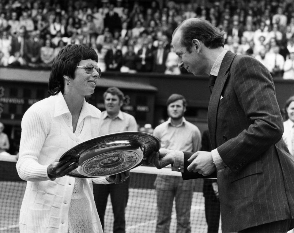 <p>In 1969, the Duke became the president of the All England Lawn Tennis and Croquet Club (AELTC)—the organization that holds Wimbledon. Every year, he participates in the trophy ceremony. Here, he presents the winner's trophy to American tennis player Billie Jean King.</p>