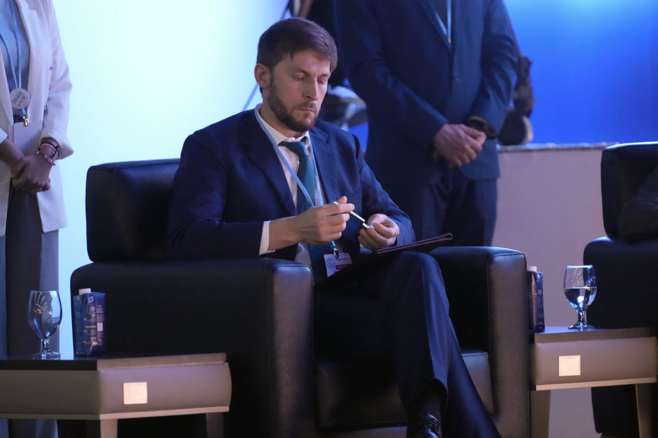 Ruslan Edelgeriev, special presidential representative on climate issues of Russia, sits before giving a speech at the COP27 U.N. Climate Summit, Tuesday, Nov. 15, 2022, in Sharm el-Sheikh, Egypt. (AP Photo/Peter Dejong)