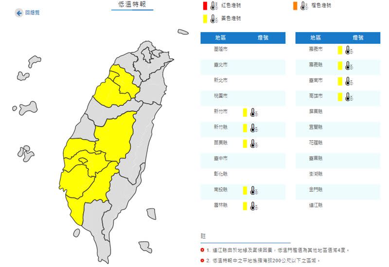 氣象局發布低溫特報。（圖／翻攝自中央氣象局）