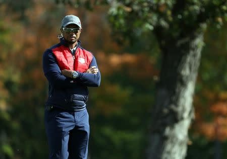 Sep 27, 2016; Chaska, MN, USA; Team USA vice-captain Tiger Woods during a practice for the 41st Ryder Cup at Hazeltine National Golf Club. Mandatory Credit: Rob Schumacher-USA TODAY Sports