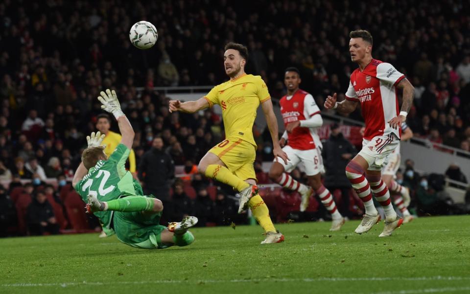 Diogo Jota of Liverpool scores the second goal making the score during the Carabao Cup Semi Final -  John Powell/Liverpool FC via Getty Images