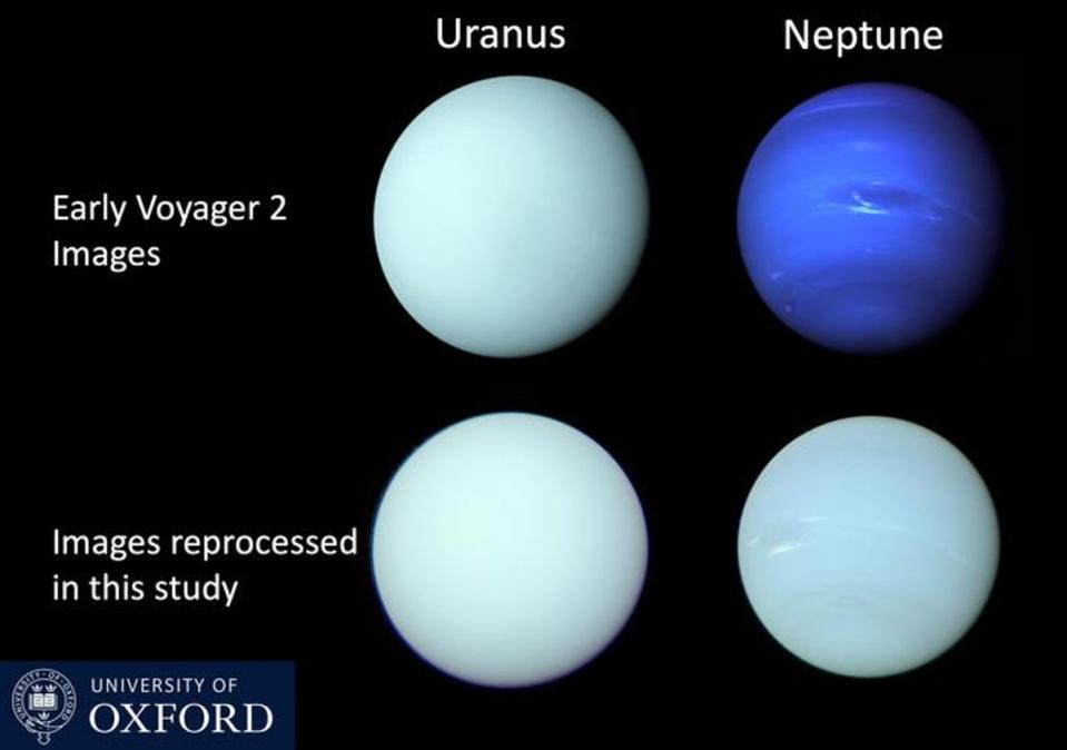 Voyager 2/ISS images of Uranus and Neptune released shortly after the Voyager 2 flybys in 1986 and 1989, respectively, compared with a reprocessing of the individual filter images in this study to determine the best estimate of the true colours of these planets (Patrick Irwin)