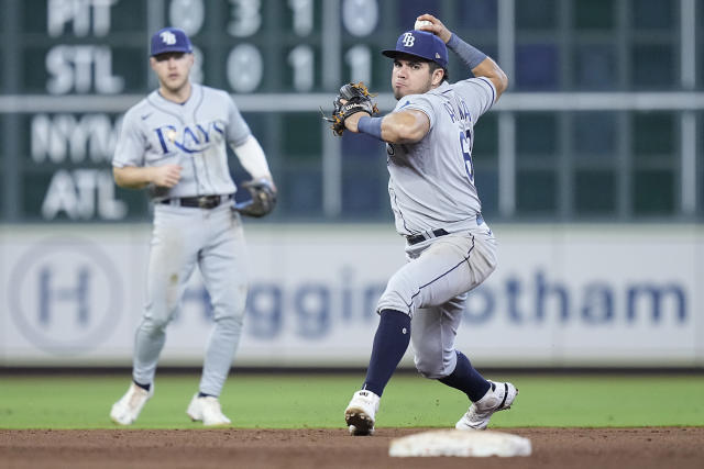 Houston Astros center fielder Chas McCormick can't make the catch on a  triple by Tampa Bay Rays' Wander Franco during the first inning of a  baseball game Friday, July 28, 2023, in