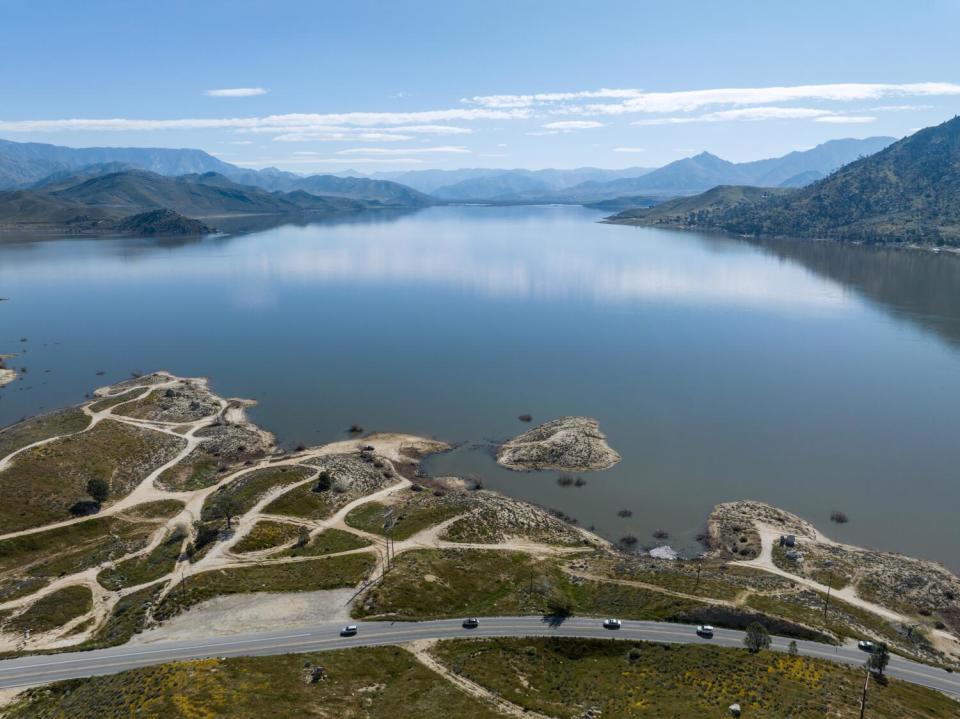 Lake Isabella on the Kern River brims with water from recent storms.