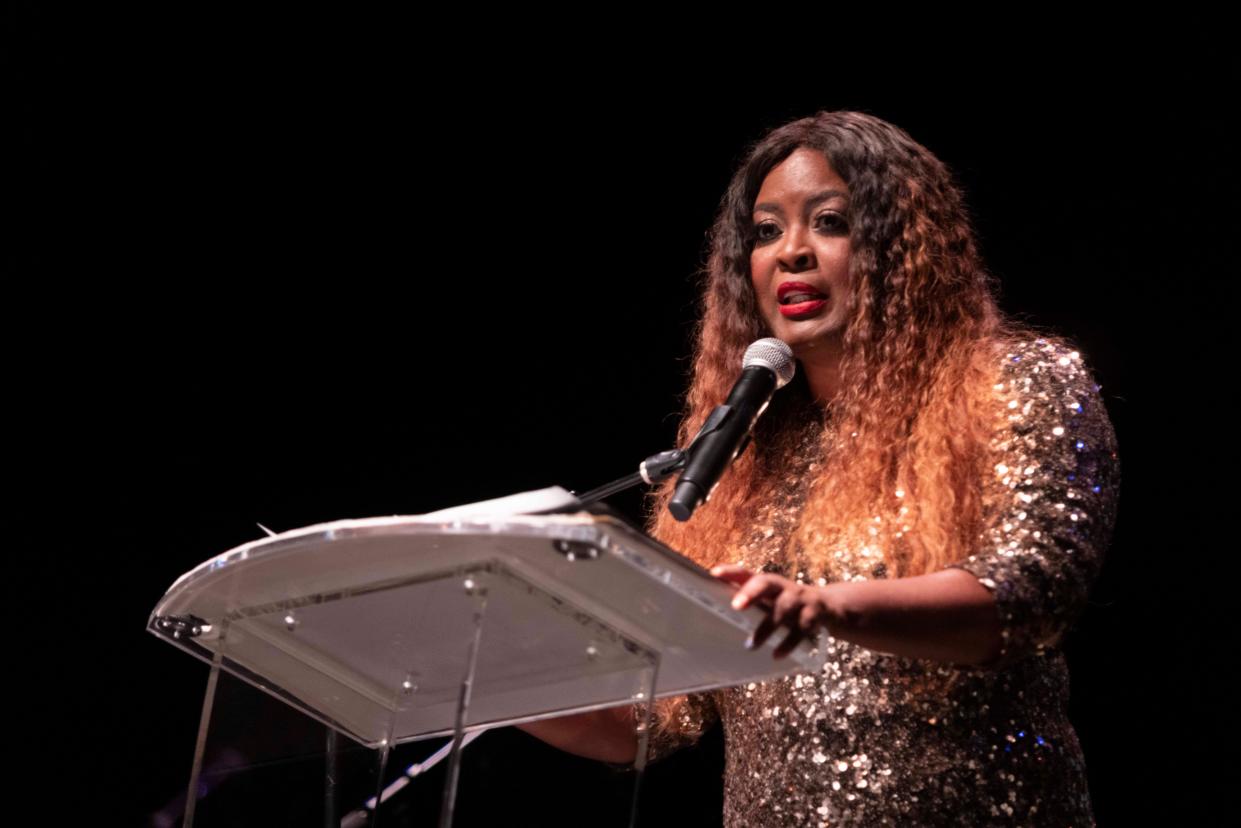 Hamilton County Commission Vice President Alicia Reece, the founder of the Cincinnati Black Music Walk of Fame, speaks during the inaugural Cincinnati Black Music Walk of Fame, Saturday, July 24, 2021, at The Andrew J Brady Music Center in the Downtown neighborhood of Cincinnati, Ohio.