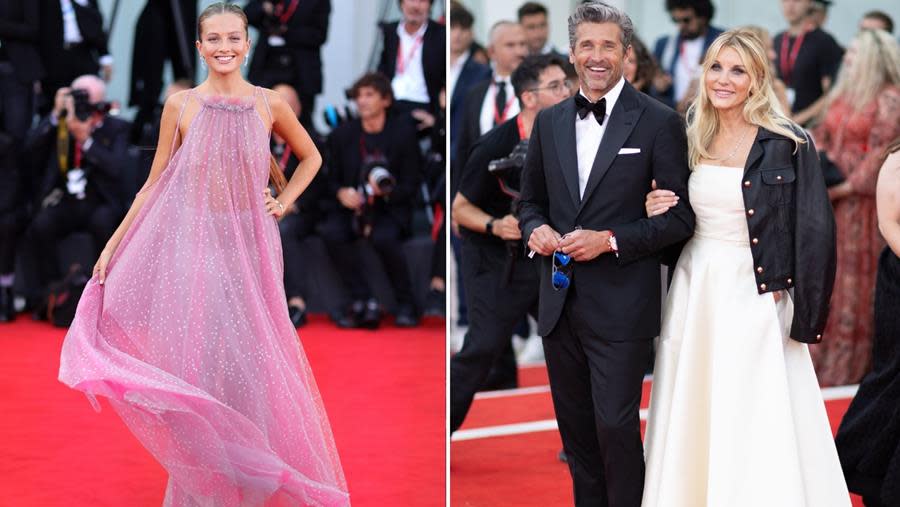 Adorable Swiss actress Zoé Pastelle rocks a bit of Barbicore pink in a Giorgio Armani gown and Bulgari jewels at the 2023 Venice International Film Festival premiere of “Ferrari,” while the film’s star Patrick Dempsey and his wife Jillian Fink also attend the red-carpet premiere. (Andreas Rentz/Getty Images)