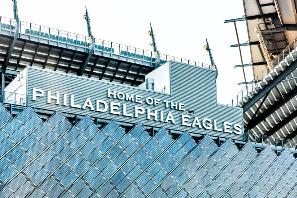 Philadelphia: Closeup of sign for Lincoln Financial Field stadium, home of eagles with bleachers seats