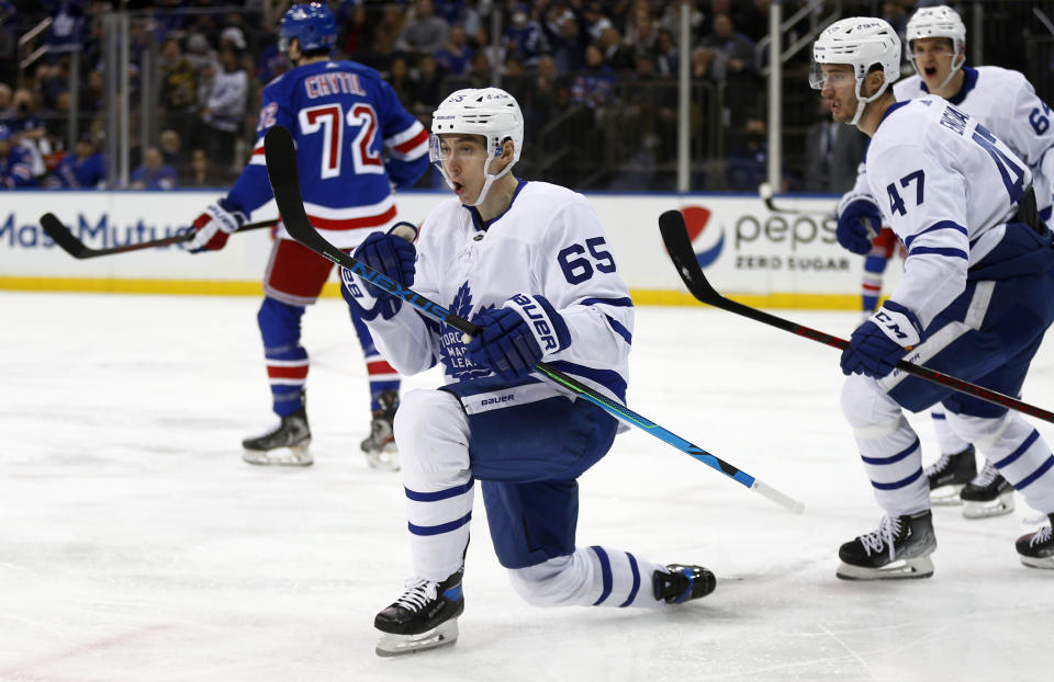 Toronto Maple Leafs' Ilya Mikheyev (65) celebrates his goal against the New York Rangers during the first period of an NHL hockey game Wednesday, Jan. 19, 2022, in New York. (AP Photo/John Munson)