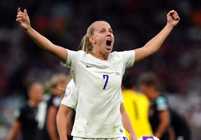 Beth Mead celebrates scoring for England