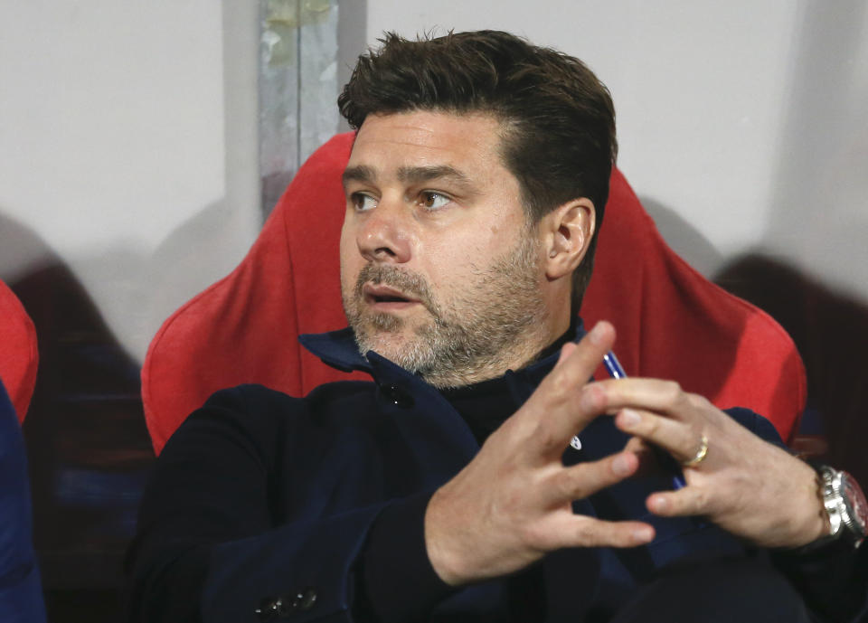 Tottenham's manager Mauricio Pochettino sits on the bench before the Champions League group B soccer match between Red Star and Tottenham, at the Rajko Mitic Stadium in Belgrade, Serbia, Wednesday, Nov. 6, 2019. (AP Photo/Darko Vojinovic)