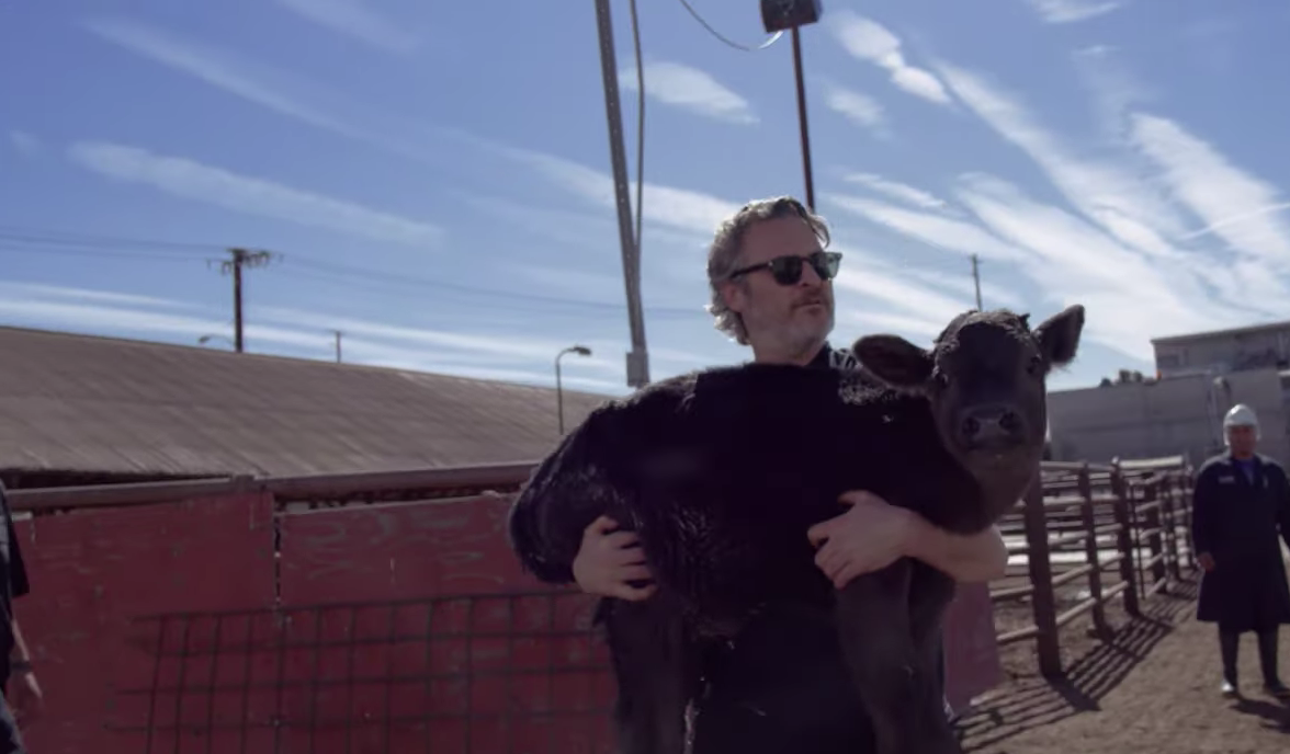 Actor and animal activist Joaquin Phoenix takes a calf from a Pico Rivera slaughterhouse.