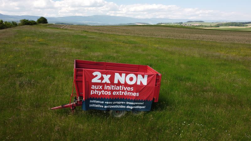 A sign to vote "no" is pictured ahead of a Swiss vote, in Penthaz