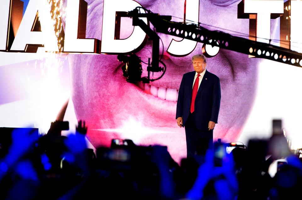 Donald Trump appears on stage before speaking during Turning Point Action general session at the Palm Beach County Convention Center in West Palm Beach July 2023. 