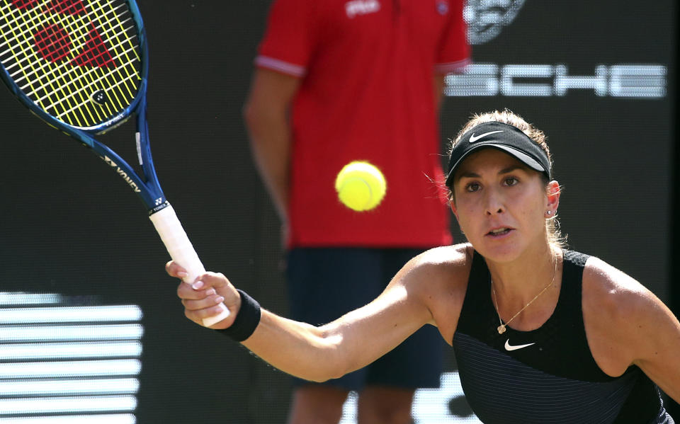 Switzerland's Belinda Bencic in action during her ladies singles final tennis match against Russia's Ludmilla Samsonova at the German Open at the Steffi Graf Stadium in Berlin, Sunday, June 20, 2021. (Wolfgang Kumm/dpa via AP)