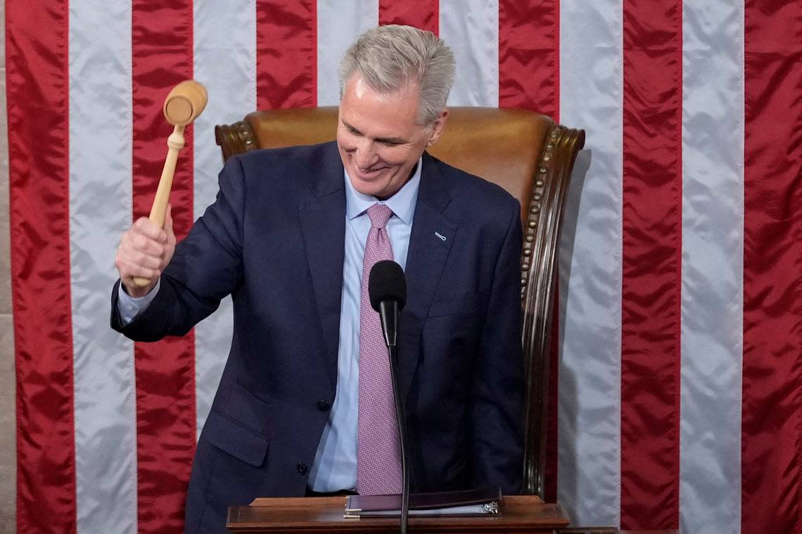 Incoming House Speaker Kevin McCarthy of Calif., holds the gavel on the House floor at the U.S. Capitol in Washington, early Saturday, Jan. 7, 2023. (AP Photo/Andrew Harnik)