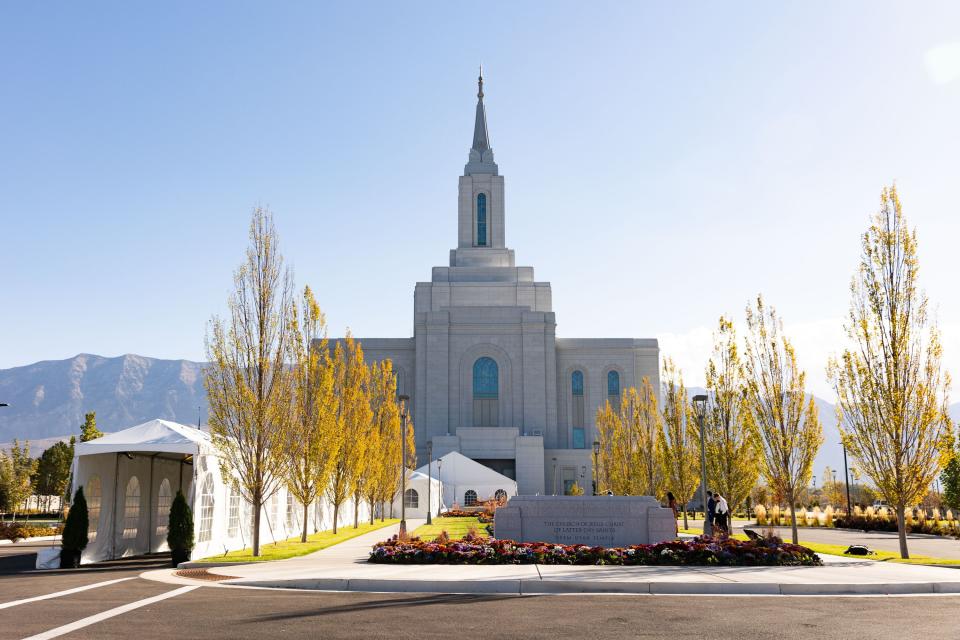 Tents are set up for the public open house at the Orem Utah Temple in Orem on Monday, Oct. 23, 2023. The public tours will begin on Friday, Oct. 27, | Megan Nielsen, Deseret News