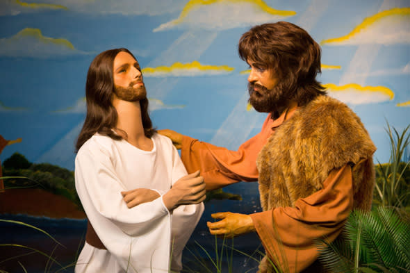 Mandatory Credit: Photo by Solent News/REX Shutterstock (4962646c) Tom Cruise as Jesus Discarded waxworks of famous people at the BibleWalk museum, Ohio, America - 13 Aug 2015 *Full story: http://www.rexfeatures.com/nanolink/qtge A life-size model of Prince Philip in the perhaps unlikely guise of an angel is the centrepiece of a bizarre biblical museum made up of discarded waxworks of celebrities from across the globe. Prince Charles is also a star attraction at the museum which gets up to 40,000 visitors a year. He has been transformed into Abel - the son of Adam and Eve - complete with 'pudding bowl' haircut. It features over 300 figures rescued from closed or failing waxwork museums. The wax models have been acquired by the BibleWalk museum in Mansfield in Ohio, USA, ever since it was founded in August 1983. It is billed as the only place on earth where you can see the gaffe-prone Duke of Edinburgh and celebrities such as film stars Tom Cruise and John Travolta "re-imagined" as notable biblical figures. While the origins of many of the waxworks remains a closely-guarded secret, characters in the Last Supper scene were obtained from a museum 750 miles away in Arkansas. 