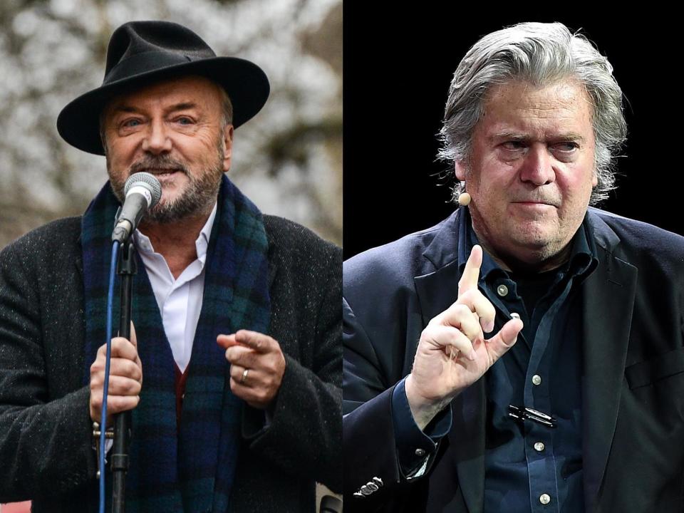 Steve Bannon and George Galloway reportedly hugged each other in Kazakhstan following Theresa May’s resignation as prime minister. An image shared on Twitter showed Mr Bannon, Donald Trump’s former strategist, apparently chatting with and holding the arm of the former Labour politician on Friday. The pair were in the Kazakh city of Almaty to take part in a televised debate at the 2019 Eurasian Media Forum.Natalia Antelava, a journalist in attendance who posted the photo, claimed Mr Galloway announced, “Theresa May has resigned”, to which Mr Bannon replied, “Let me give you a hug”. Ms Antelava tweeted: “I pulled a camera out just as they let go of tight embrace but here is the far right and far left very much on the same page in Almaty.”While apparently on opposing ends of the political spectrum – Mr Bannon is leading a training school to develop far-right “culture warriors” – lifelong socialist Mr Galloway has in recent months found alignment with the right over his desire for a hard Brexit. The 64-year-old announced earlier this year he would support the Brexit Party at Thursday’s European elections, having earlier said party leader Nigel Farage and he were “allies in one cause”. > “Theresa May has resigned” announced George Galloway. “Let me give you a hug,” Steve Bannon replied. I pulled a camera out just as they let go of tight embrace but here is the far right and far left very much on the same page in Almaty Kazakhstan pic.twitter.com/96YNBmhv0X> > — natalia antelava (@antelava) > > May 24, 2019Mr Galloway later defended his interaction with Mr Bannon after journalist George Monbiot asked on Twitter if the man in the picture was really him. “What do you want me to do after a televised debate - punch him?” Mr Galloway said. He later suggested he had never hugged Mr Bannon, tweeting, “You see me hugging anyone Georgie Boy?”It came after Ms May broke down in tears after announcing on Friday morning she will stand down as prime minister within weeks over her failure to deliver Brexit.In an emotionally-charged statement on the steps of 10 Downing Street, Ms May said she will resign as Conservative leader on 7 June, but will remain as leader until her successor is chosen.