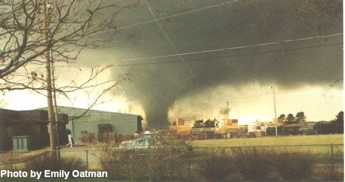The photo shows the funnel from the 1990 tornado that devastated Hesston in south-central Kansas.