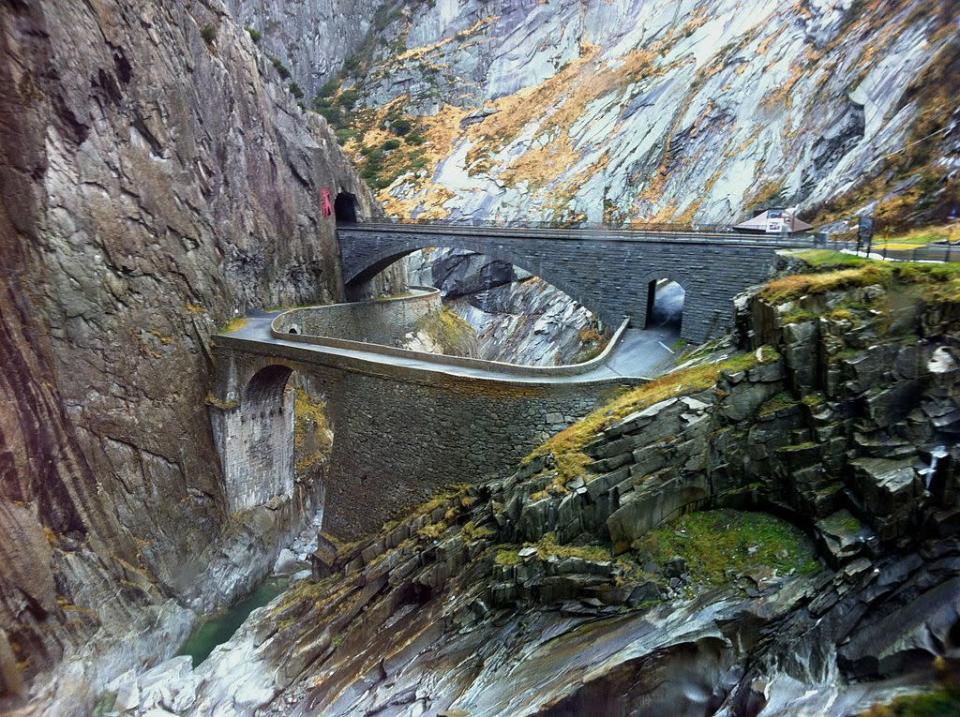 Teufelsbrücke, Switzerland: This is the bridge built by the devil, or so the local people believe. The Teufelsbrücke spans the Reuss River high up in the Swiss mountains in the canton of Uri.