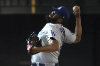 Los Angeles Dodgers relief pitcher Kenley Jansen throws against the Arizona Diamondbacks in the ninth inning during a baseball game, Sunday, June 20, 2021, in Phoenix. (AP Photo/Rick Scuteri)