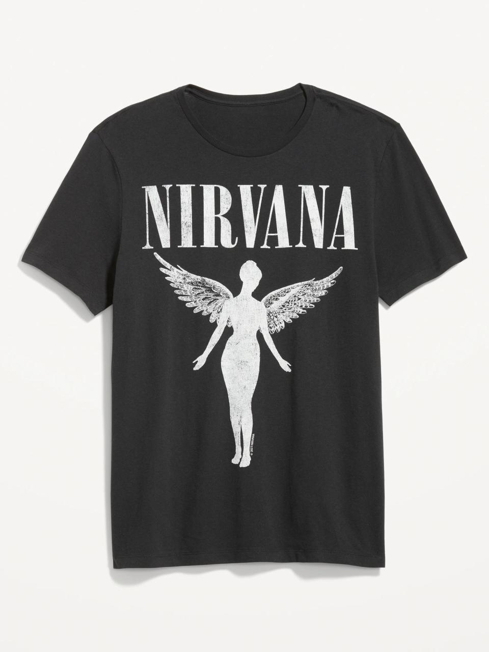 black shirt that reads "Nirvana" in white