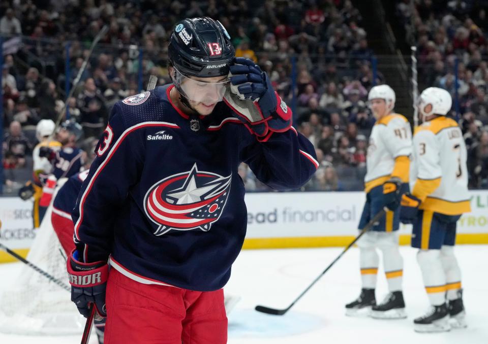 March 9, 2024; Columbus, Ohio, USA; 
Columbus Blue Jackets left wing Johnny Gaudreau (13) reacts after his shot was saved by Nashville Predators goaltender Kevin Lankinen (32) in the final seconds of the third period of a hockey game Saturday at Nationwide Arena. The Nashville Predators won the game 2-1.