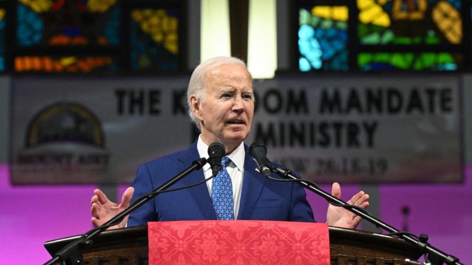 PHOTO: President Joe Biden speaks during a church service and campaign event at Mount Airy Church of God in Christ in Philadelphia, on July 7, 2024. (Saul Loeb/AFP via Getty Images)