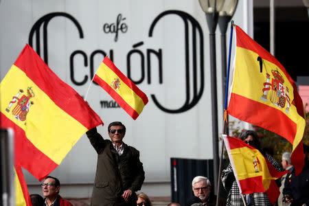 A man holds a national flag during a gathering calling for Spanish unity at Colon Square in Madrid, Spain, December 1, 2018. REUTERS/Sergio Perez